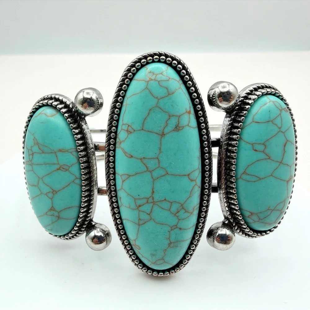 Vintage 90s Silver Tone Faux Turquoise Cuff Bangle Bracelet Women's Boho Jewelry